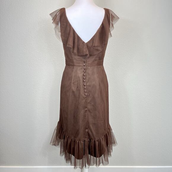 Vintage Y2K Alfred Angelo Tulle Dress Size 4/6 Brown Midi Fairy Pin-Up Ruffle - Picture 2 of 16